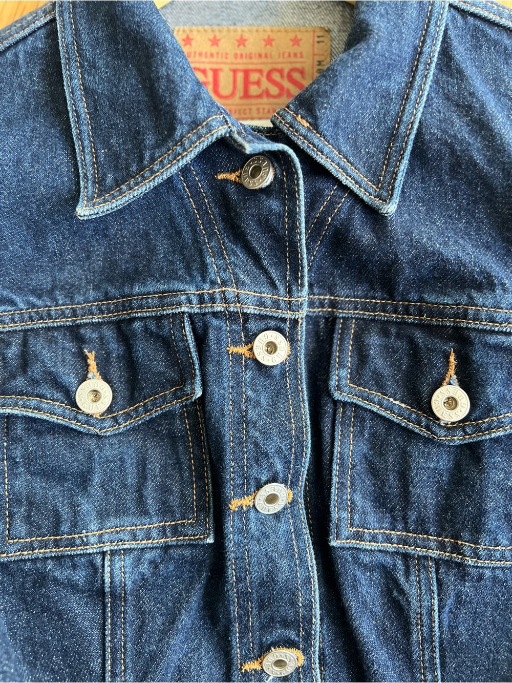 GUESS Dark Blue Denim Women’s Slim Fit Trucker Jacket with Pleated Back